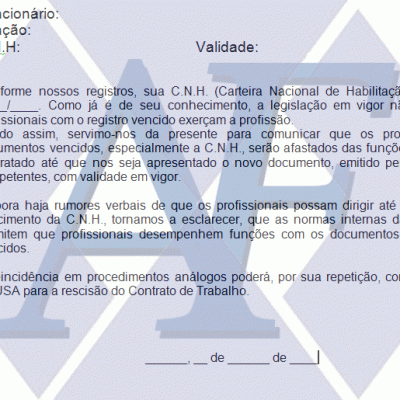 Exemplo de Advertência Disciplinar por CNH vencida 
