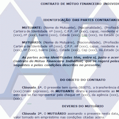 Modelo de Contrato Mútuo Financeiro Individual - Mutuante e Mutuário