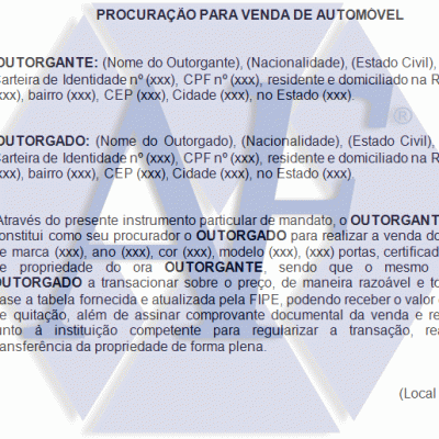 Exemplo de Procuração para Venda de Automóvel - Veículo 