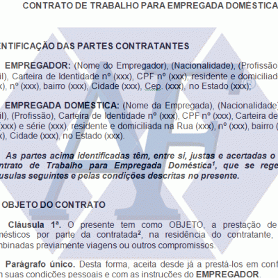 Modelo de Contrato de Trabalho para Empregada Doméstica Modelo de Contrato de Trabalho para Empregada Doméstica