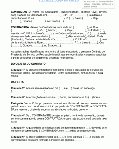 Modelo de Contrato de Prestação de Serviços Recreação Infantil