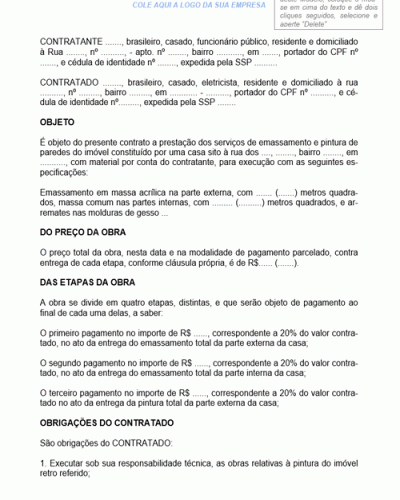 Modelo de Contrato de Prestação de Serviços Reforma de Imóvel por Empreitada