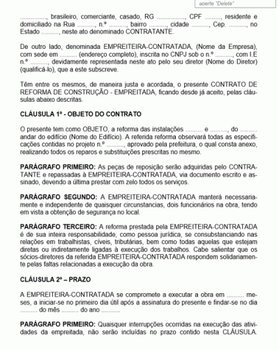 Modelo de Contrato de Prestação de Serviços Reforma na Modalidade de Empreitada