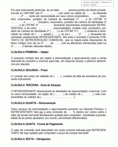 Modelo de Contrato de Prestação de Serviços para a Venda Mercantil de Produtos e Insumos Agrícolas