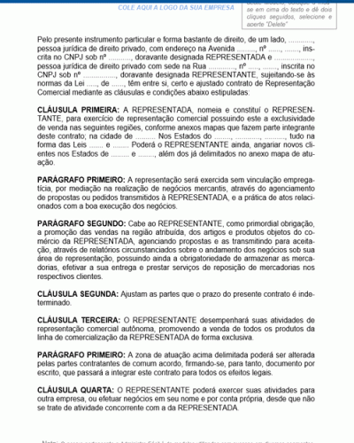 Modelo de Contrato de Prestação de Serviços de Representação Comercial por Prazo Indeterminado sem Vínculo Empregatício