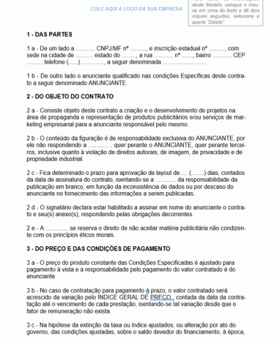 Modelo de Contrato de Prestação de Serviços de Representação Comercial Referentes a Publicidade e Propaganda