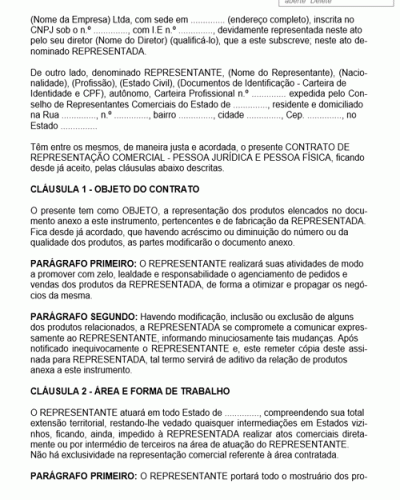 Modelo de Contrato de Prestação de Serviços de Representação Comercial sem Cláusula de Exclusividade e sem Vínculo Empregatício