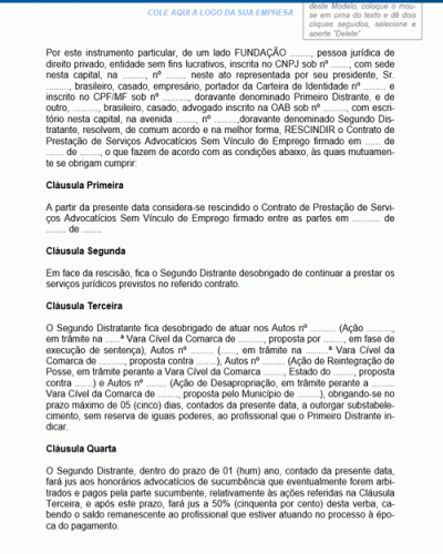 Modelo de Contrato de Prestação de Serviços Rescisão de Prestação de Serviços Advocatícios