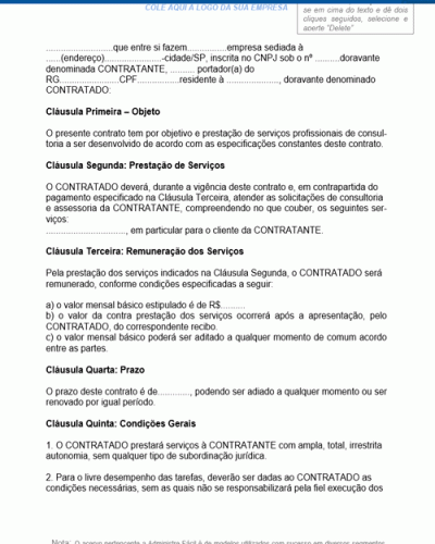 Modelo de Contrato de Prestação de Serviços Profissionais de Consultoria