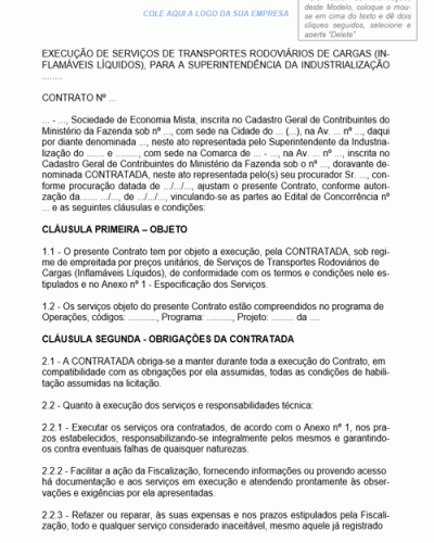 Modelo de Contrato de Prestação de Serviços de Transportes Rodoviários de Cargas