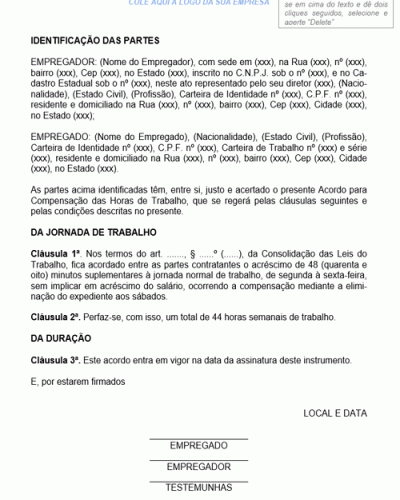 Modelo de Contrato de Acordo de Compensação de Horas