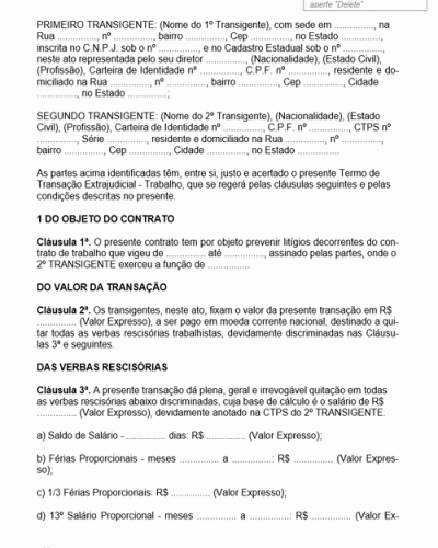 Modelo de Contrato de Extrajudicial para Fins de Prevenção de Litígio Trabalhista