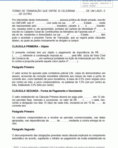 Modelo de Contrato de Acordo Extrajudicial por Ato Ilícito