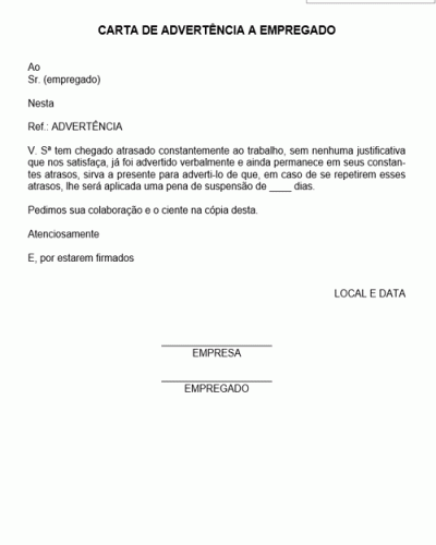 Modelo de Carta de Advertência a Empregado em Face de Atrasos no Trabalho