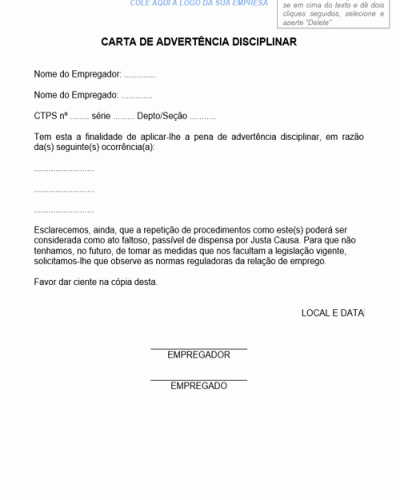 Modelo de Carta de Advertência Disciplinar Referente a Falta Cometida por Empregado