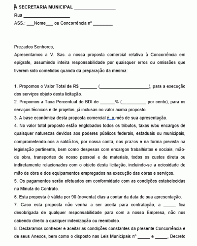 Modelo de Carta para Apresentação da Proposta de Preços - Licitação ou não