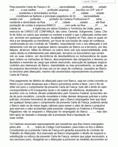 Modelo de Carta de de Fiança para Cargo de Confiança