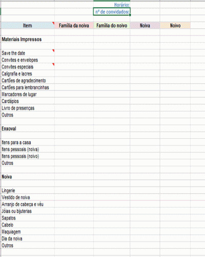 Modelo de Planilha para Controle da Festa Casamento - Divisão das Despesas