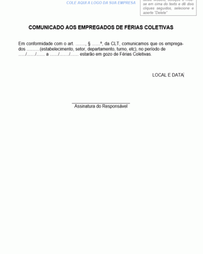 Modelo de Carta de Comunicação de Férias Coletivas Dirigido aos Empregados