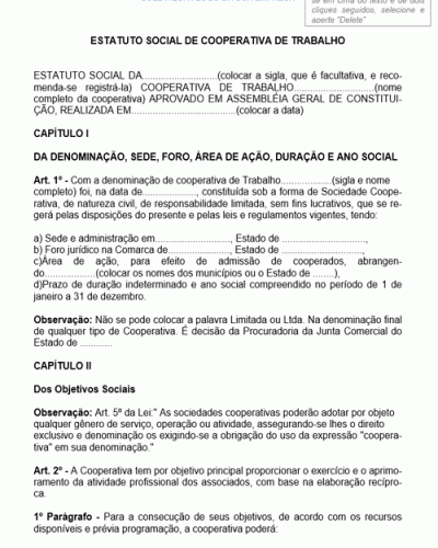 Modelo de Estatuto Social de Cooperativa de Trabalho