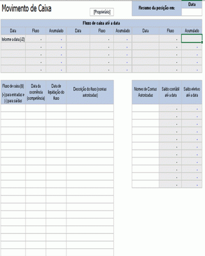 Modelo de Planilha de Movimento de Caixa - Fluxo de Caixa e Contas Autorizadas
