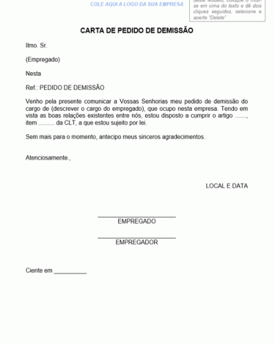 Modelo de Carta de Cumprimento de Aviso Prévio