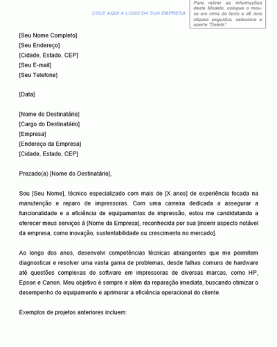 Modelo de Carta de Apresentação para Manutenção de Impressoras