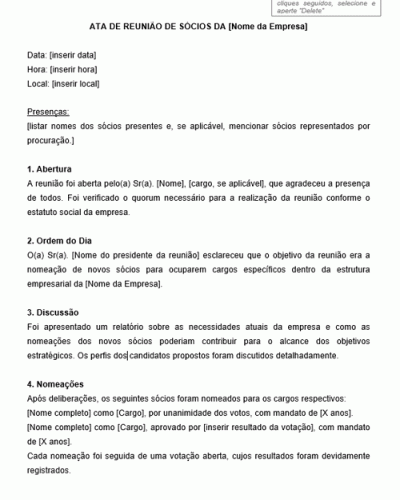 Modelo de Ata de Reunião de Sócios com Nomeações