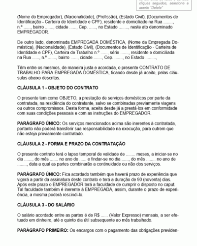 Modelo de Contrato de Trabalho de Empregada Doméstica com Prazo de Experiência de Noventa Dias