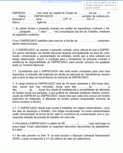 Modelo de Contrato de Experiência com Prazo Determinado