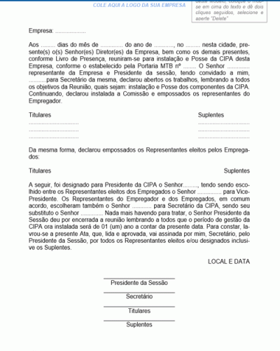 Modelo de Comunicado de Instalação de Cipa