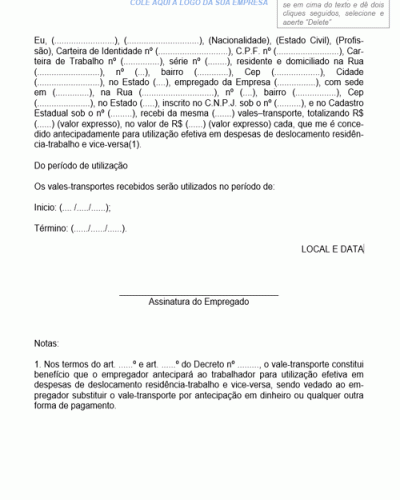 Modelo de Declaração de Pagamento de Vale Transporte