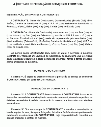 Modelo de Contrato de Prestação de Serviços de Formatura - Organização Cerimonial de Formatura