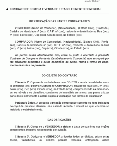 Modelo de Contrato de Compra e Venda de Estabelecimento Comercial - Imóvel de Comércio