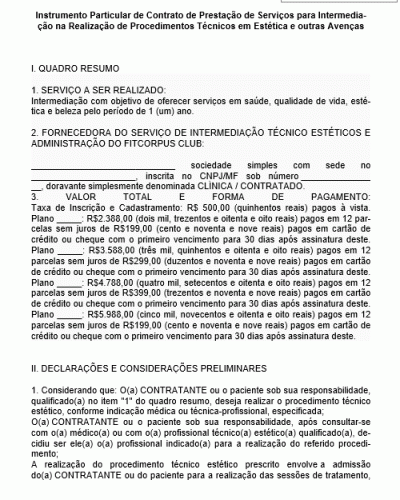 Modelo de Contrato de Prestação de Serviços para Intermediação na Realização de Procedimentos Técnicos em Estética e outras Avenças