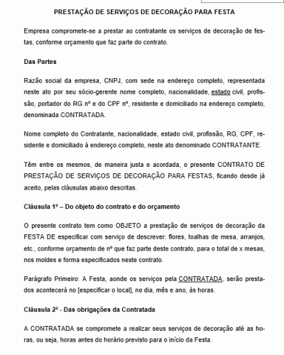 Modelo de Contrato de Prestação de Serviço - Decoração de Festa