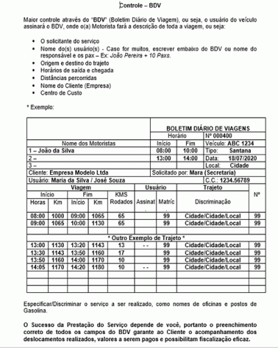 Modelo de Normas - BDV - Boletim Diário de Viagem - Como Preencher