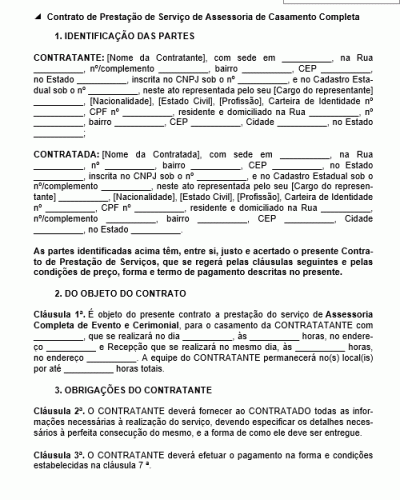 Modelo de Contrato de Prestação de Serviço de Assessoria de Casamento Completa - Organizar Casamento Completo