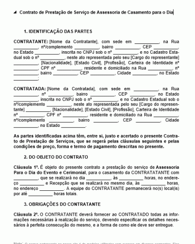 Modelo de Contrato de Prestação de Serviço de Assessoria de Casamento para o Dia da Cerimônia