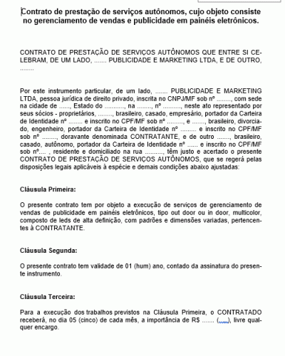 Modelo de Contrato de prestação de Serviço - Gerenciamento de vendas e Publicidade em Painéis Eletrônicos