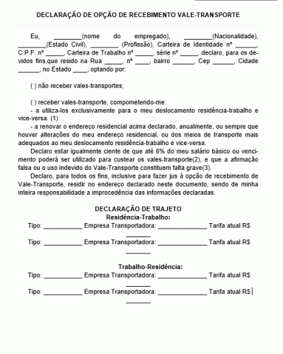 Modelo de Declaração de Opção de Recebimento de Vale-Transporte pelo Funcionário - VT Empregado