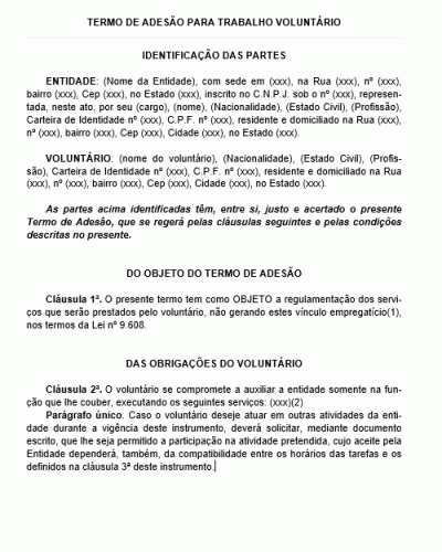 Modelo de Termo de Adesão para Trabalho Voluntário - Voluntariado