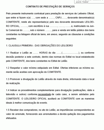 Modelo de Contrato de Leiloeiro Oficial para Venda em Leilões Públicos