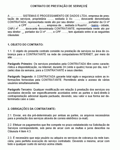 Modelo de Contrato de Prestação de Serviços de Cobrança