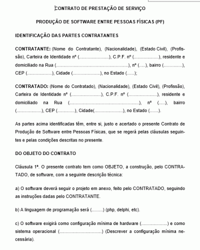 Modelo de Contrato de Prestação de Serviço - Produção de Software entre Pessoas Físicas (PF)