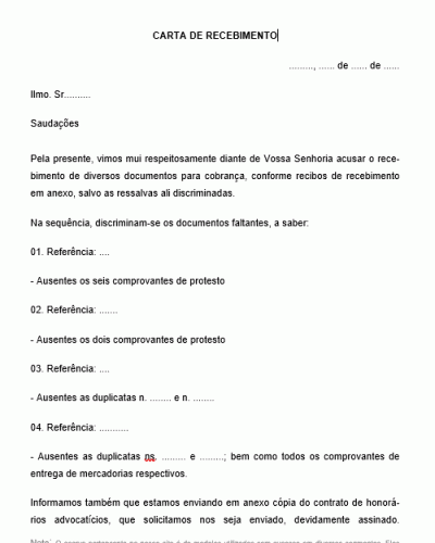 Modelo de Carta de Recebimento de Documentação para fins de cobrança