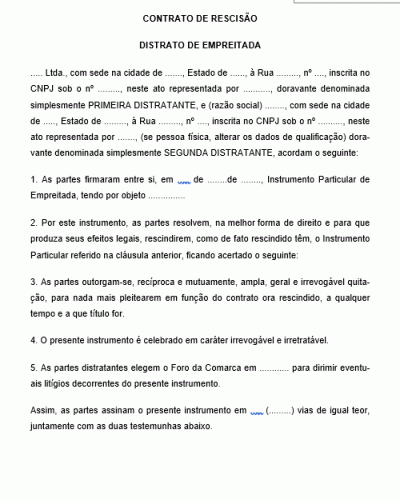 Modelo de Contrato de Rescisão de Empreitada - Distrato de Ajuste em Edificação