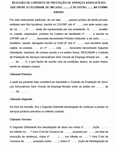 Modelo de Rescisão de contrato de prestação de serviços advocatícios sem vínculo empregatício