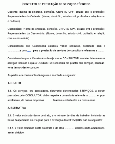 Modelo de Contrato de prestação de serviços técnicos entre países