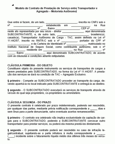 Contrato Padrão para Prestação de Serviço entre Transportador e Agregado -  Motorista Autônomo - Pessoa Física